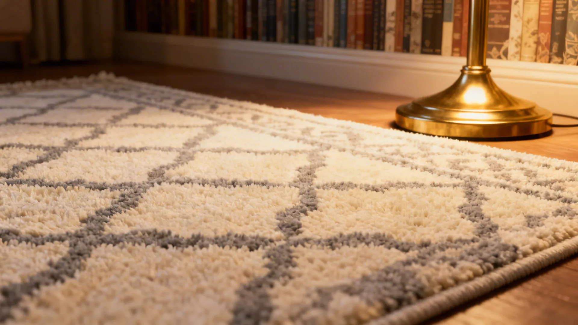 Close up of white and grey patterned rug on wood floor with gold floor lamp