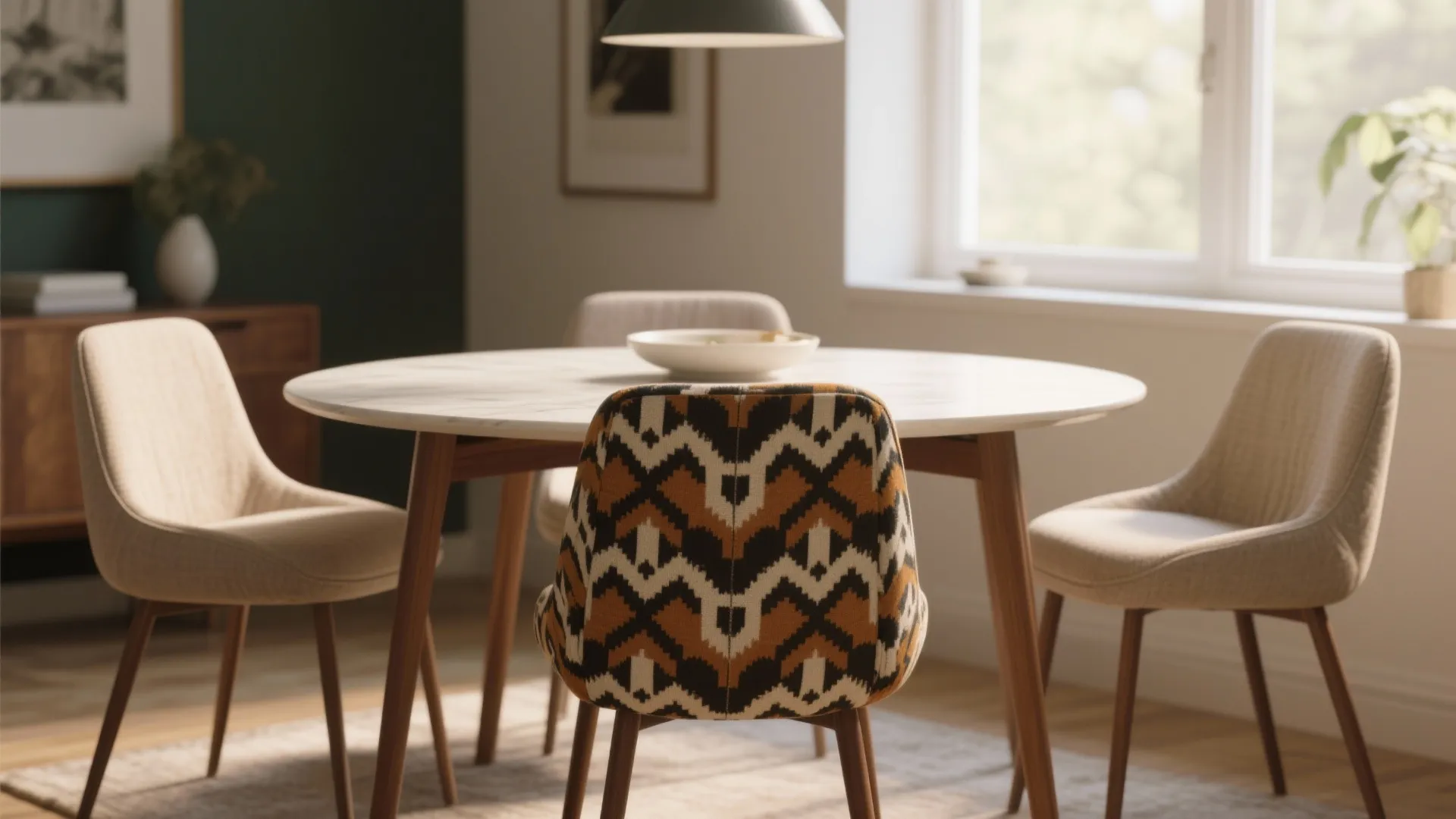 Round dining table with patterned chair in a modern dining room lit by natural light