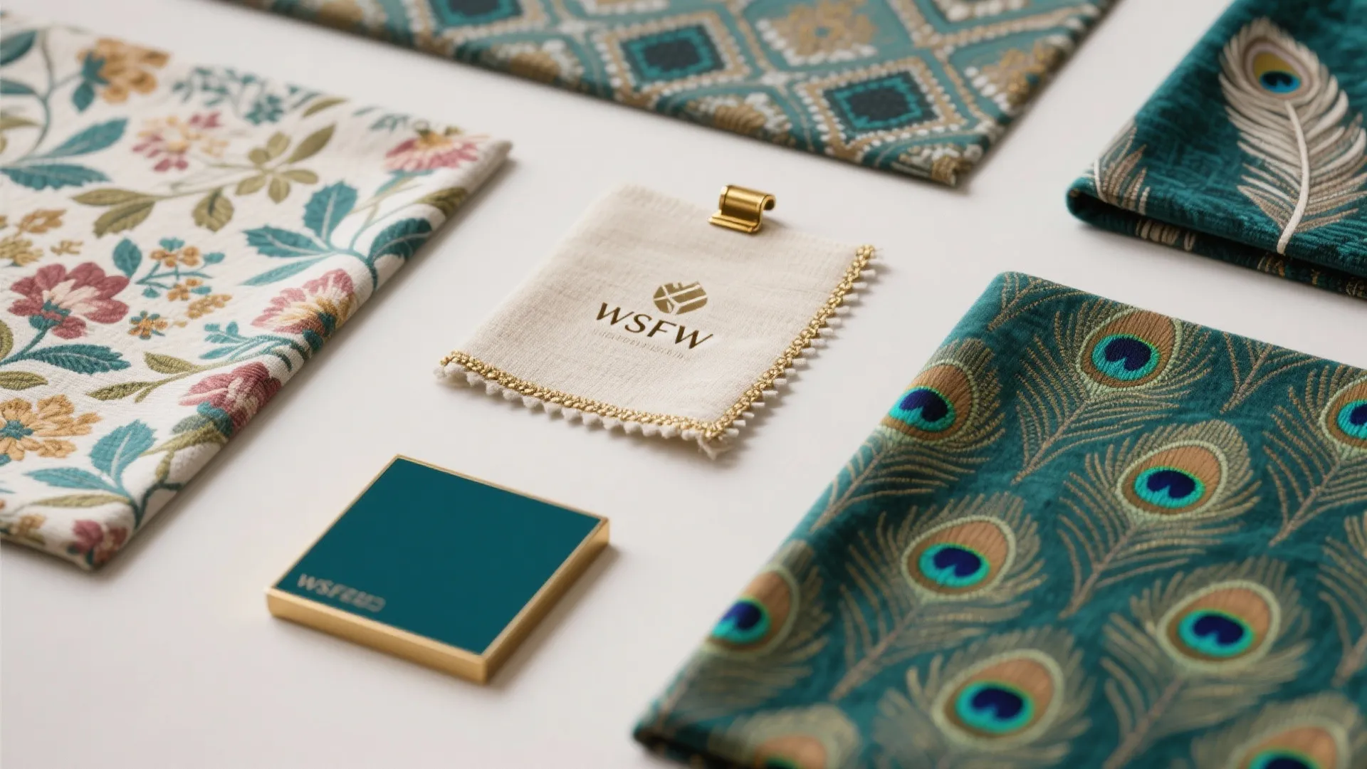 Interior design mood board with various fabric swatches featuring floral patterns and peacock feather designs