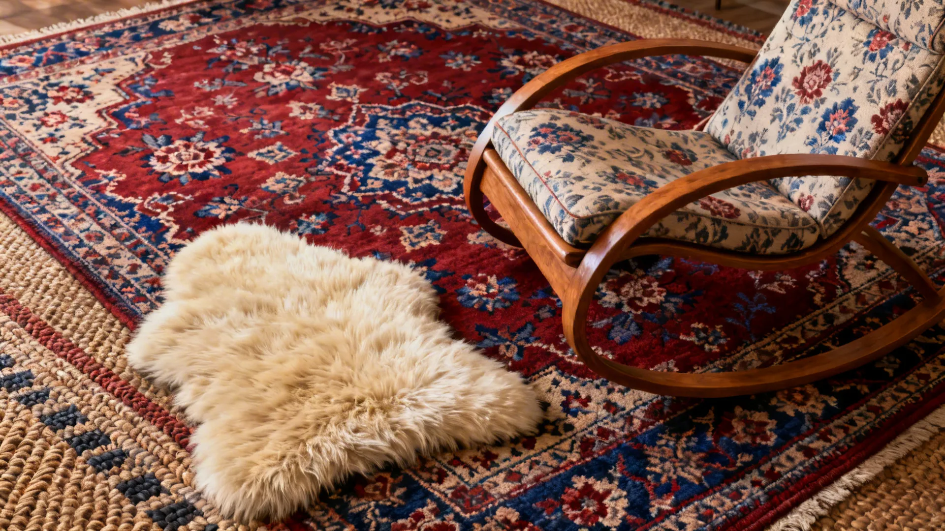 Patterned area rug with a small offset faux fur rug near a reading chair, showing mixed textures.