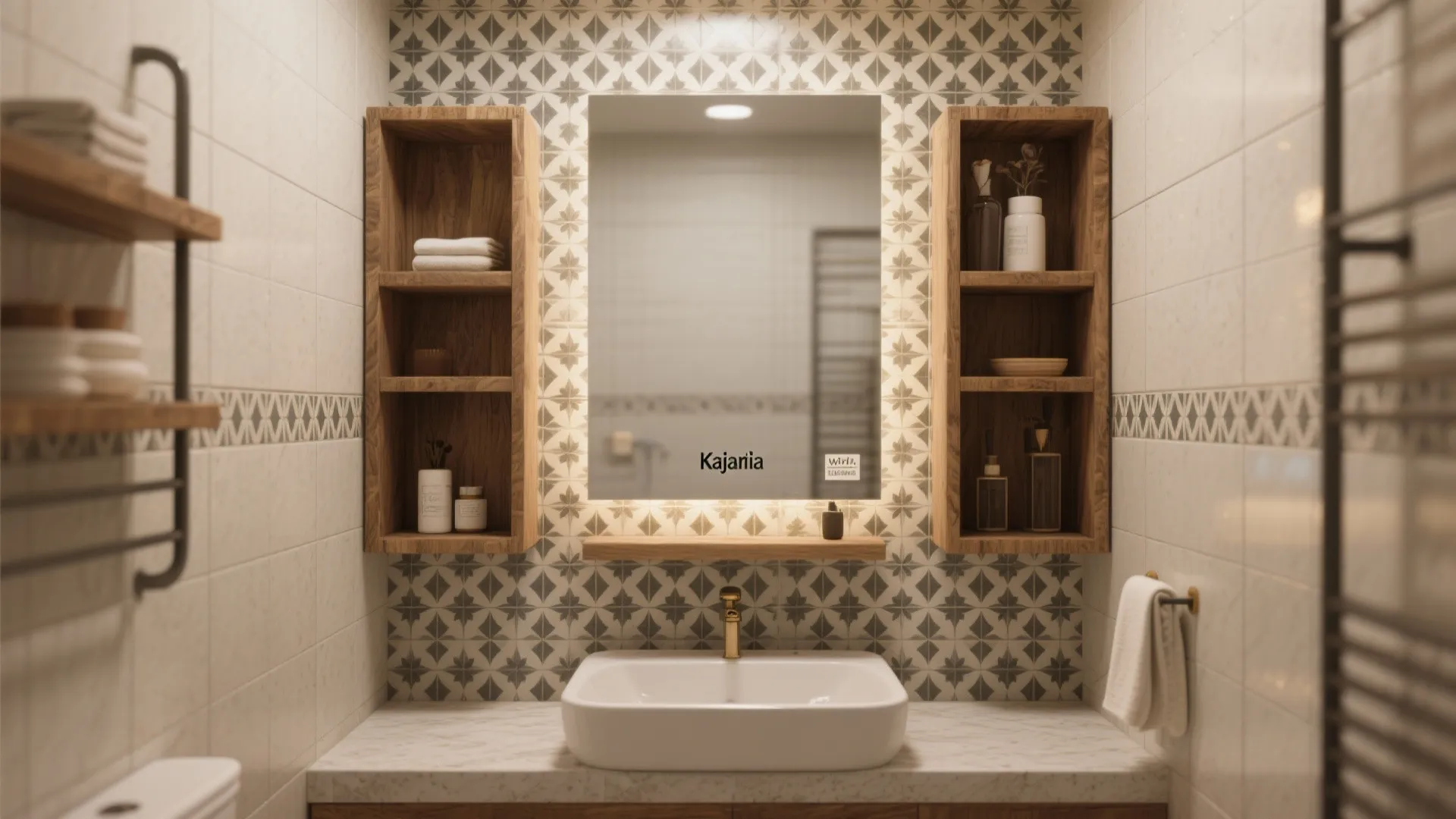 Bathroom vanity area with patterned wall tiles illuminated mirror wooden storage shelves and white sink
