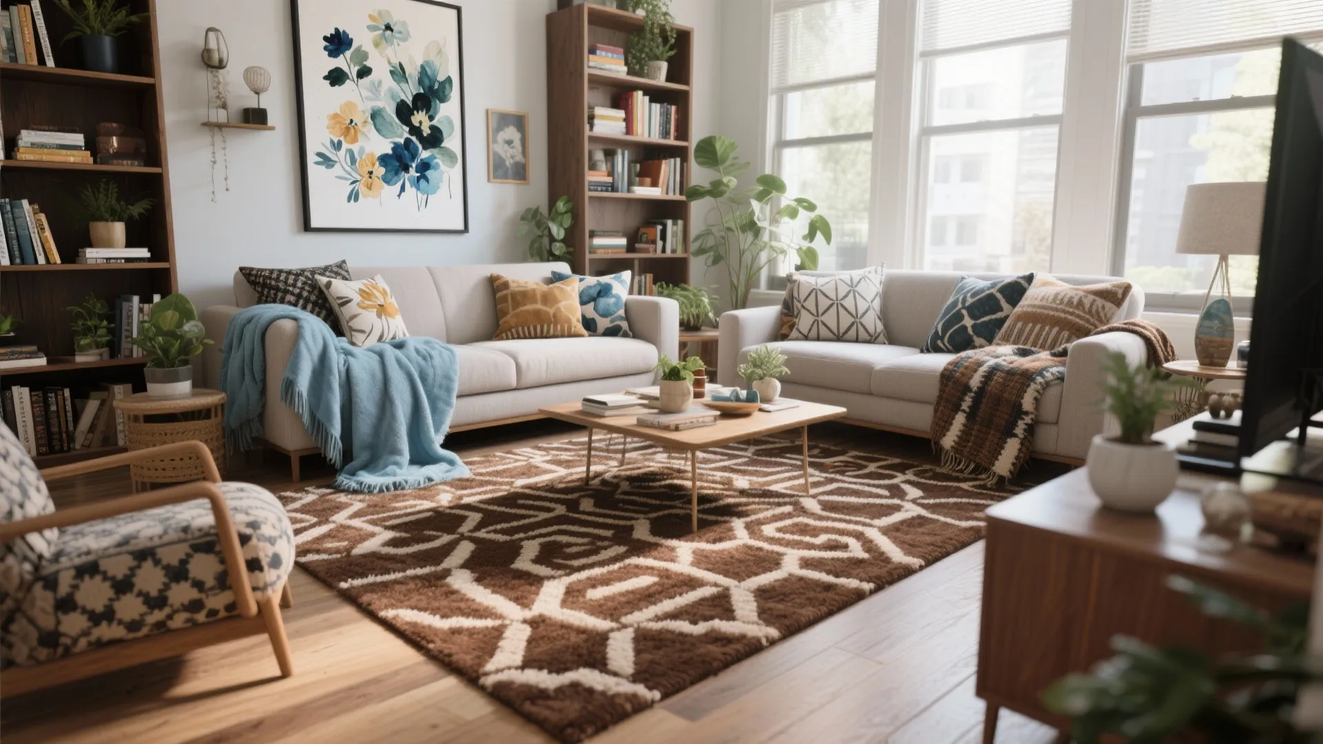 5. Pattern mixing: brown geometric rug with soft blue florals