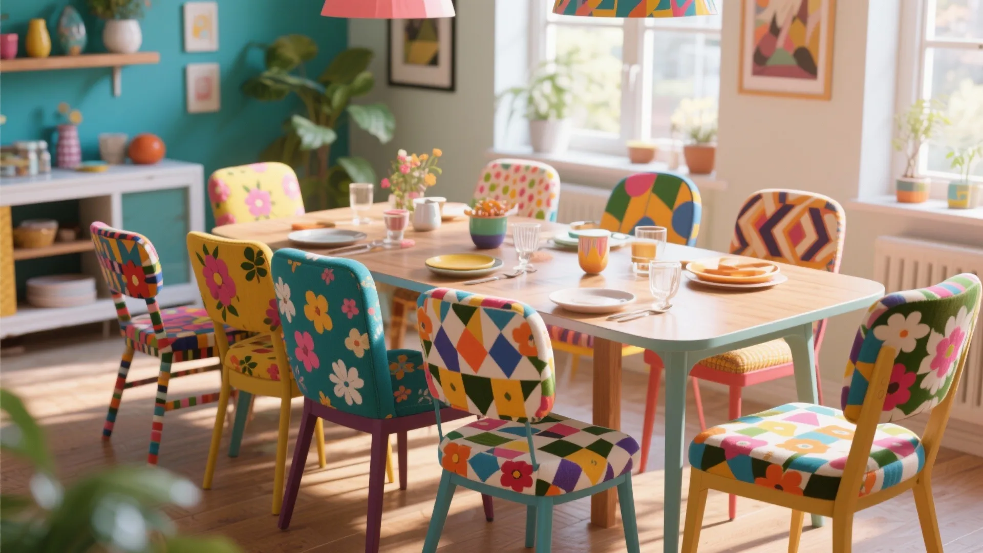 Bright dining room featuring a wooden table surrounded by colorful floral and geometric pattern chairs