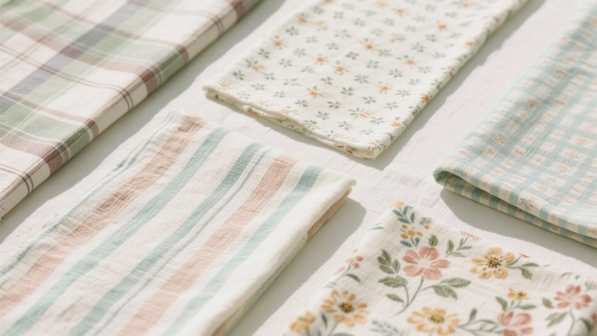 Various folded fabric samples with floral patterns stripes and checks displayed on a white surface