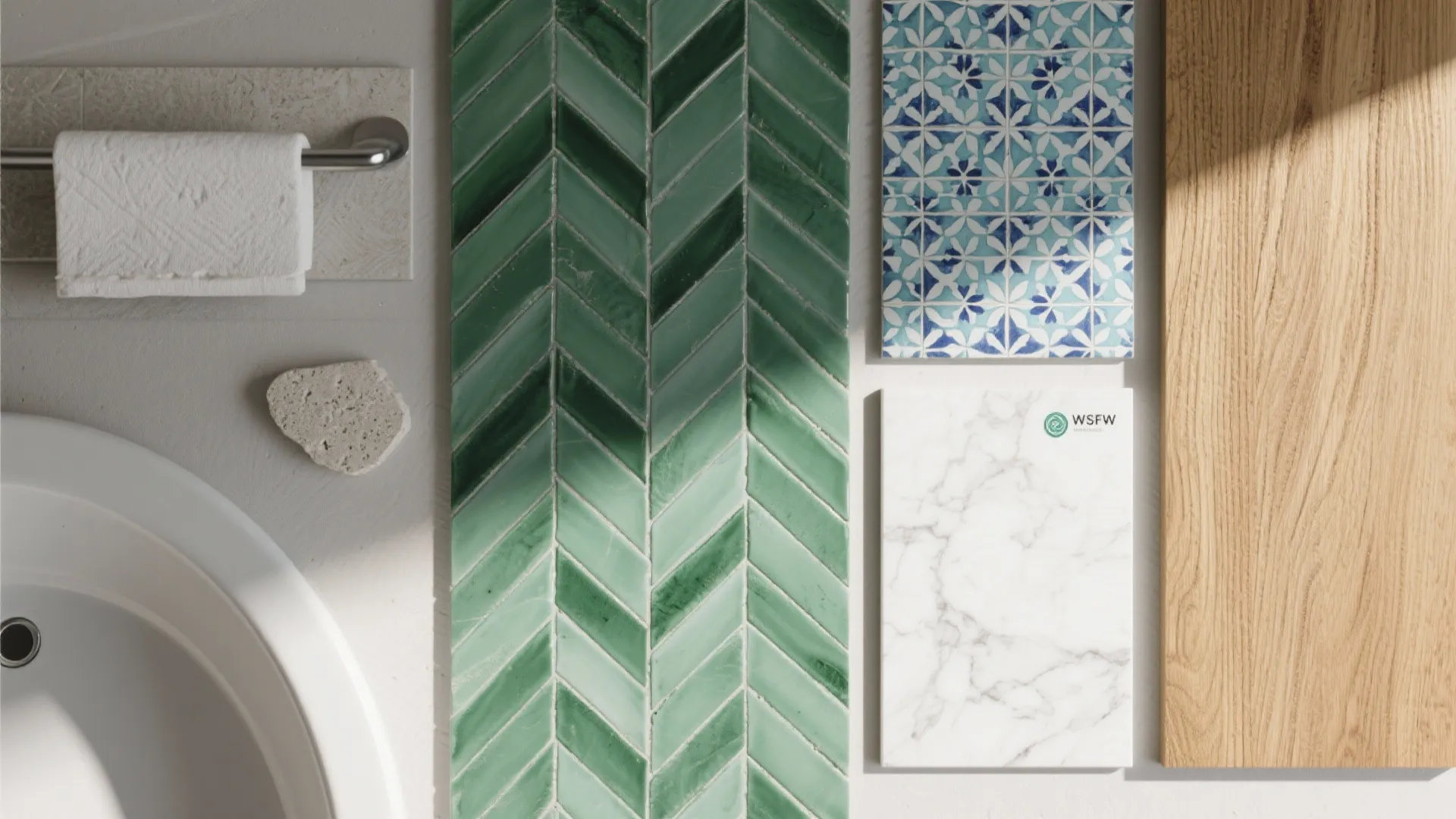 Interior design materials including green wall tiles blue patterned tiles marble samples and light wood panel
