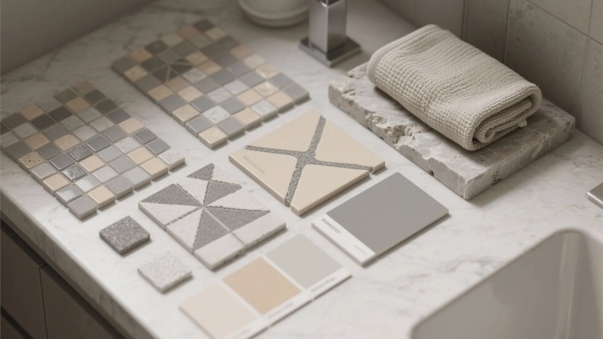 Flatlay of mosaic and geometric tile samples, grout swatches and beige paint chip for a grey-beige bathroom scheme