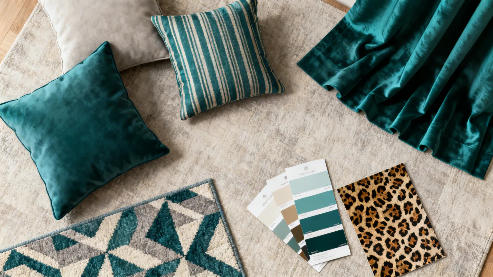 Top-down flatlay of solid and patterned textiles including leopard swatch and striped cushion sample.