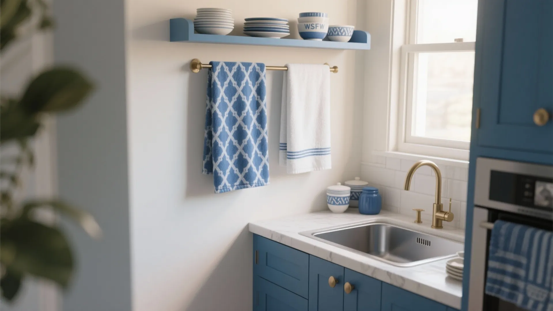 Blue kitchen cabinets with gold handles and white marble countertop including sink and blue towels