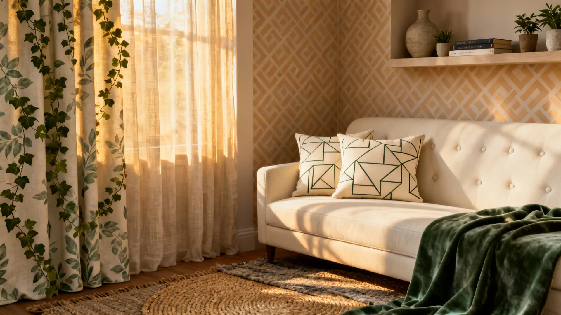 Living room vignette mixing botanical sage curtains, geometric cream cushions and a patterned alcove.