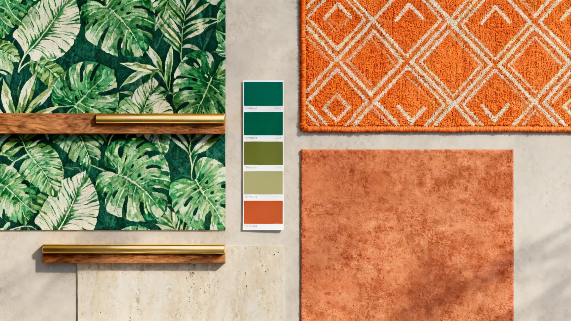 Interior design moodboard featuring green leaf pattern orange rug fabric samples and various color swatch cards