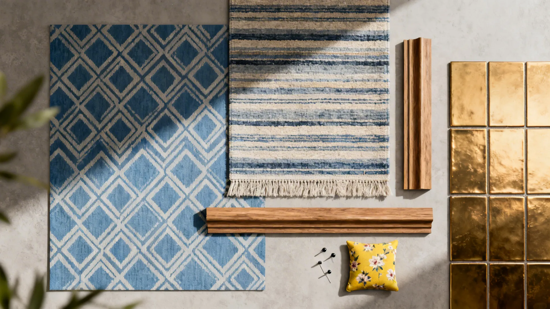 Flatlay of blue and yellow pattern samples with wood and brass accents