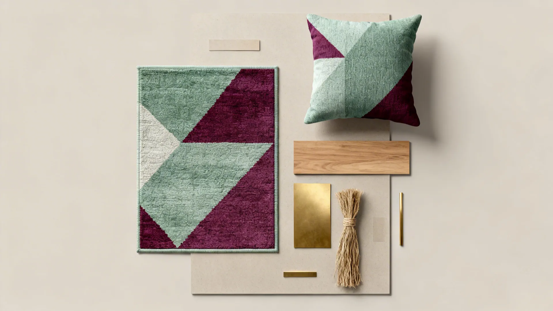 Interior design moodboard with geometric rug, matching pillow, wood sample, brass plate, and natural rope