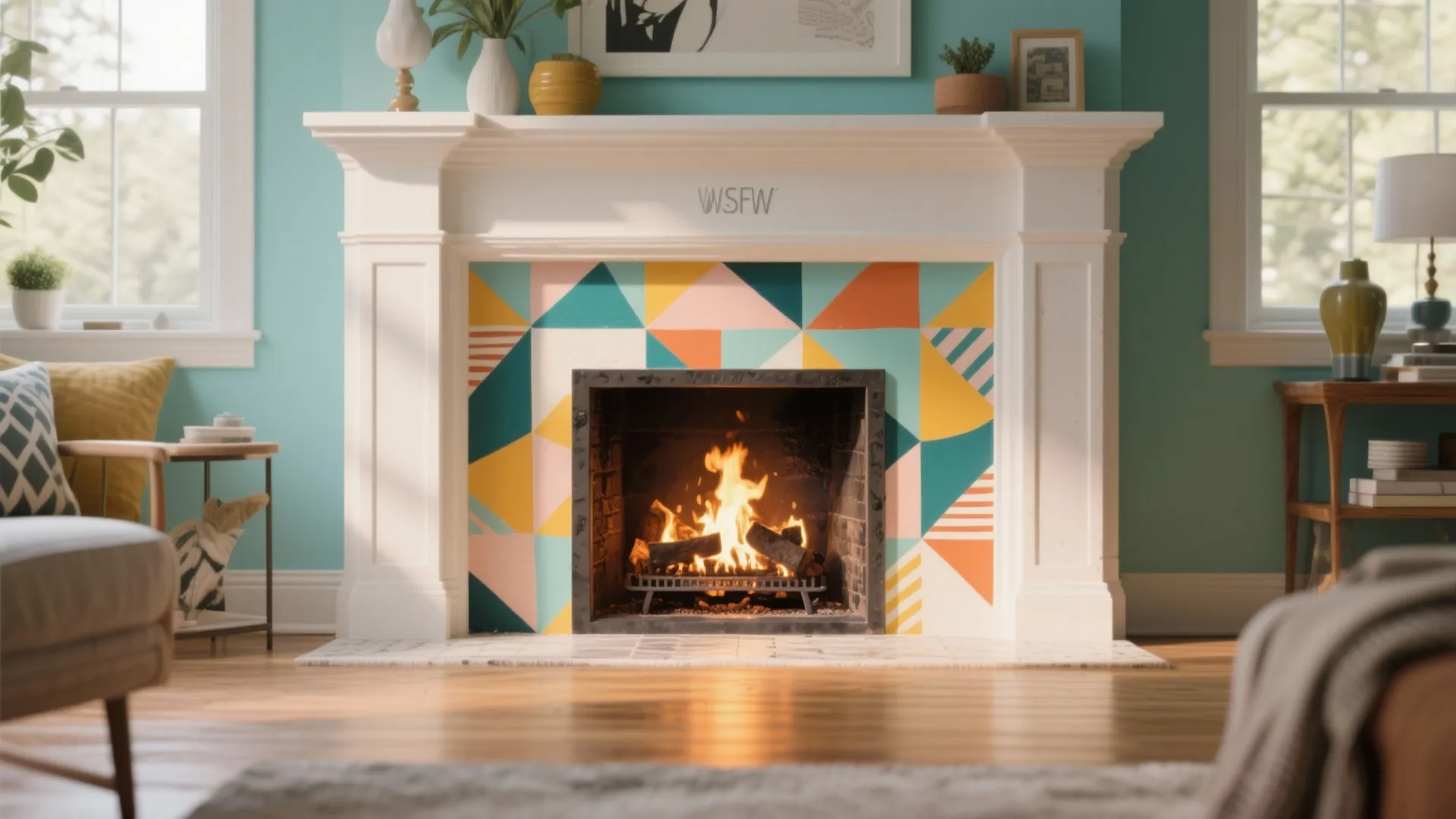 Fireplace interior painted with a small-scale geometric mural coordinating with the room palette.