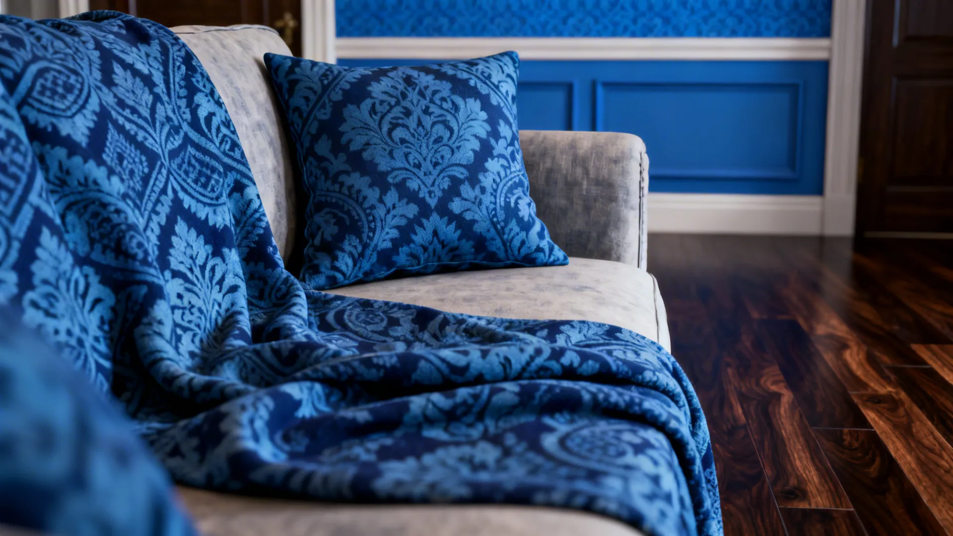 Close-up of blue patterned cushions with dark oak flooring in the background