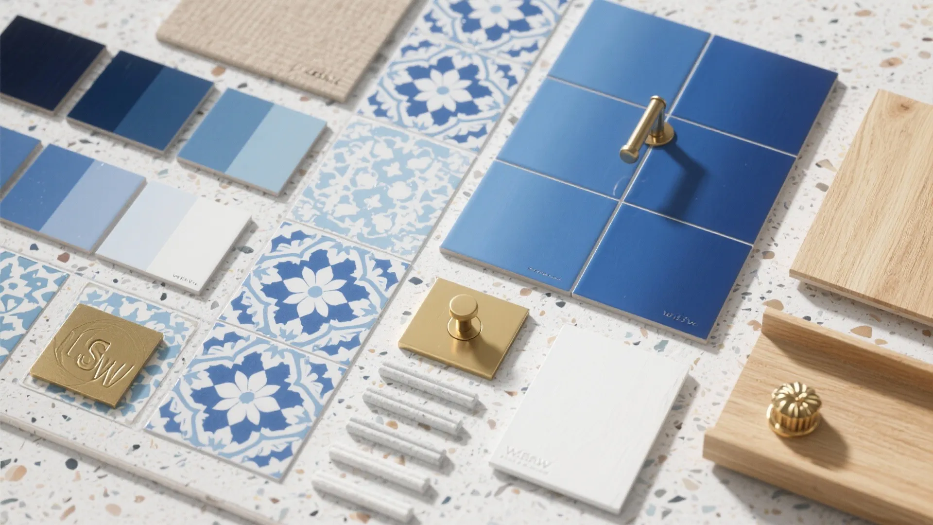 Interior design material palette with blue patterned tiles wood samples gold handles and white color