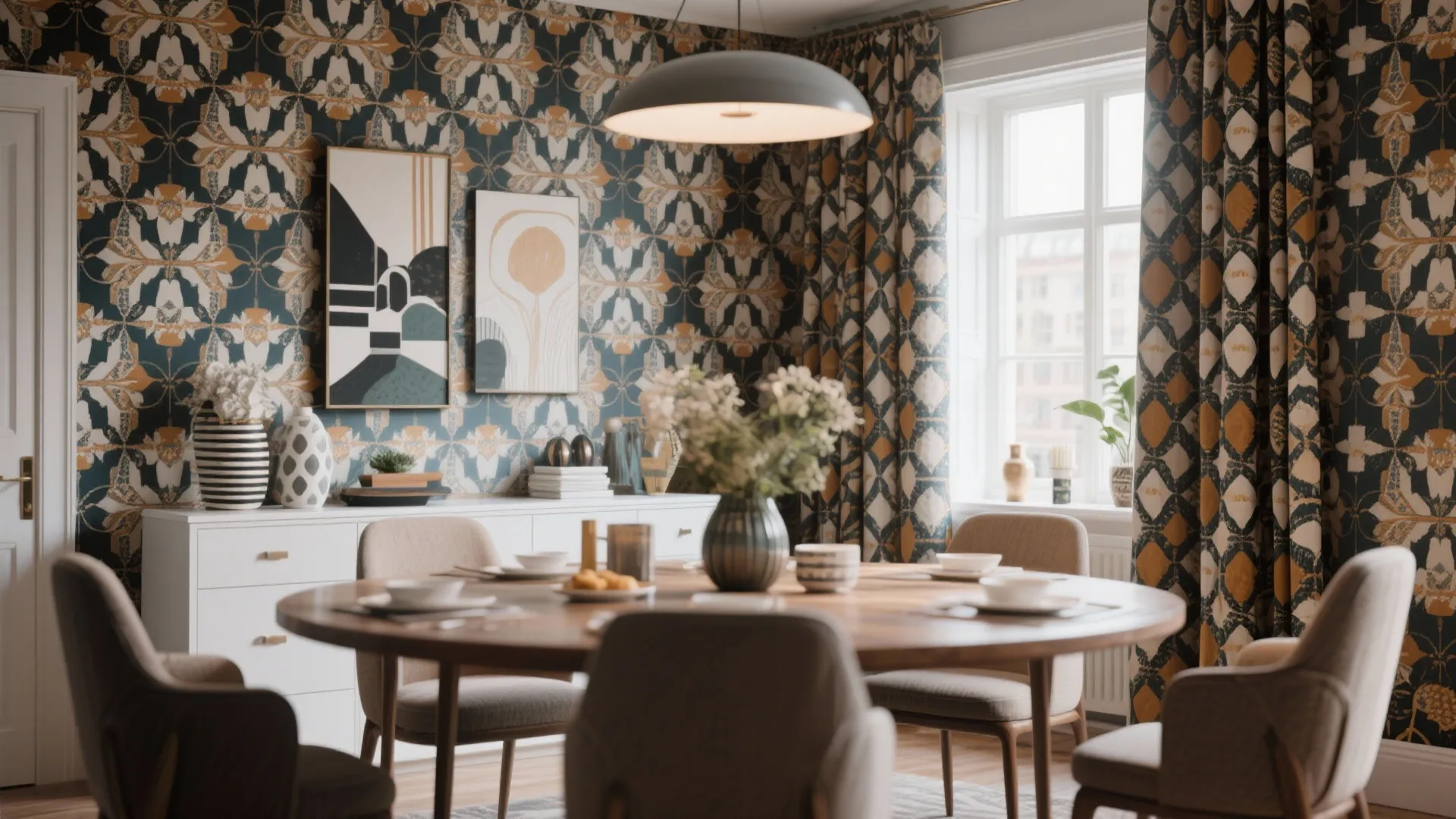 Patterned curtains with complementary patterned wallpaper