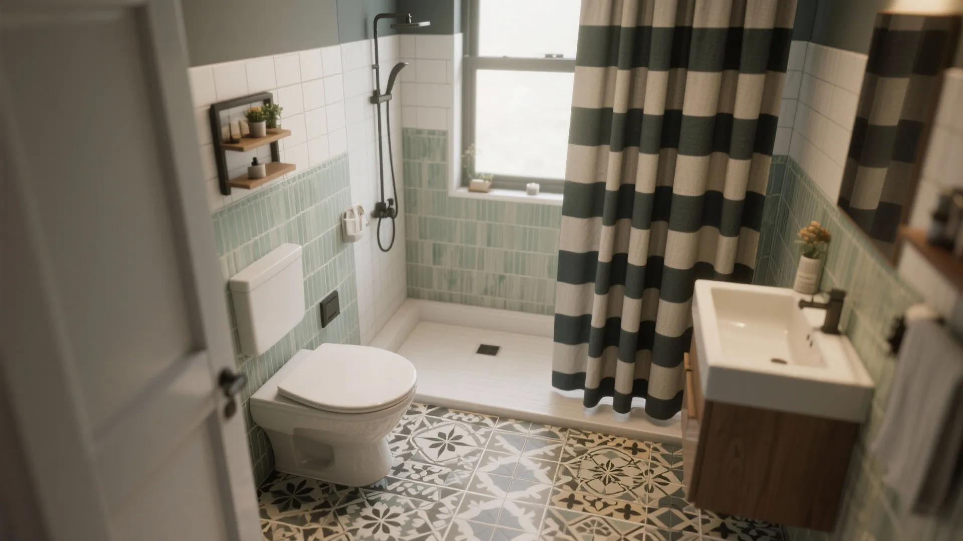 Small bathroom interior featuring patterned floor tiles striped curtain white toilet and a wooden cabinet