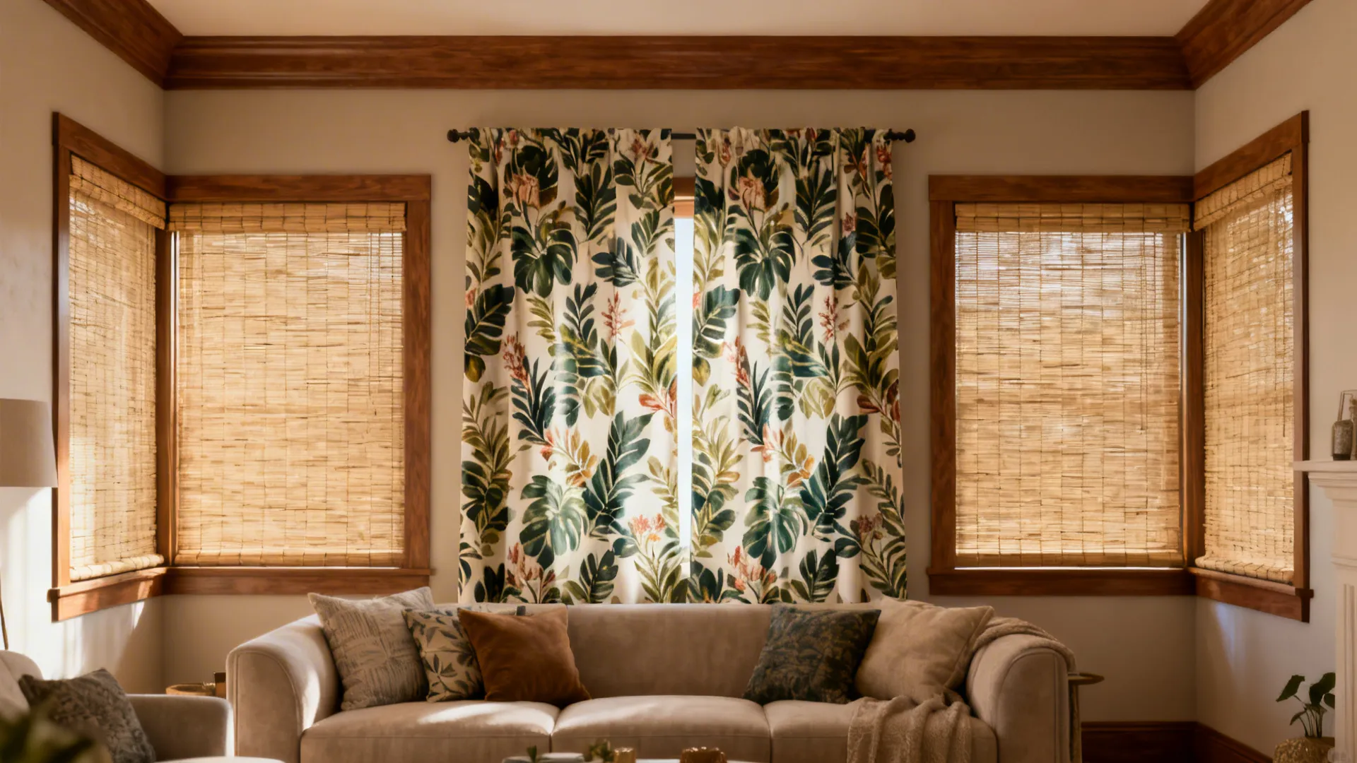 Living room with beige sofa, patterned green leaf curtains, bamboo window blinds, and warm wooden trim