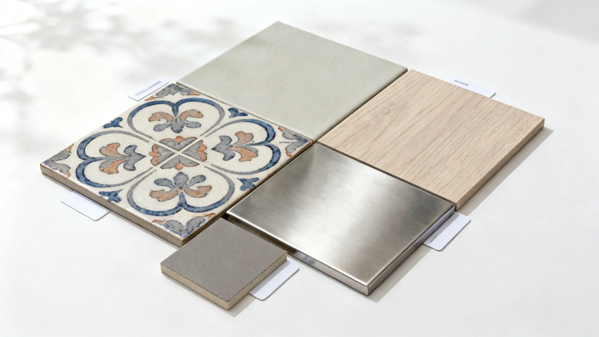 Material palette with patterned tile wood floor sample metal plate and grey stone on white surface
