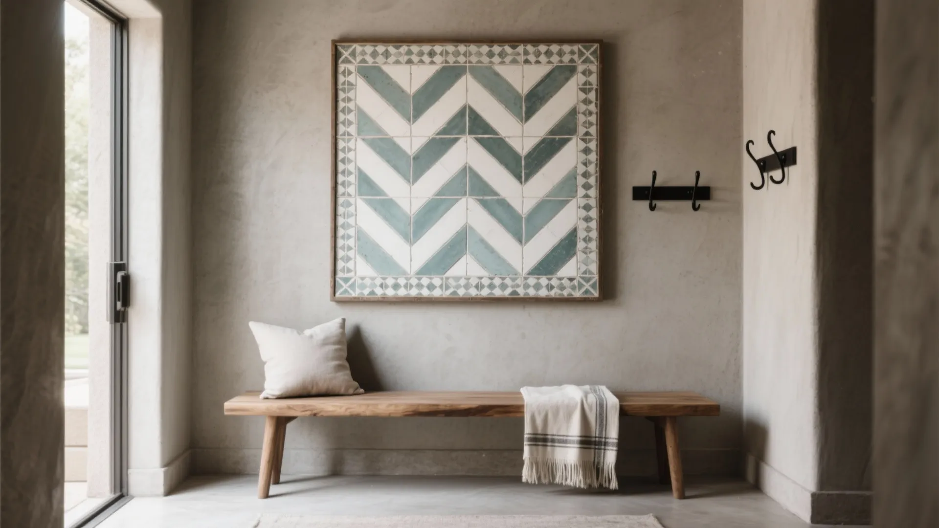 Minimalist entryway featuring a wooden bench with pillow, large patterned wall art, and wall hooks