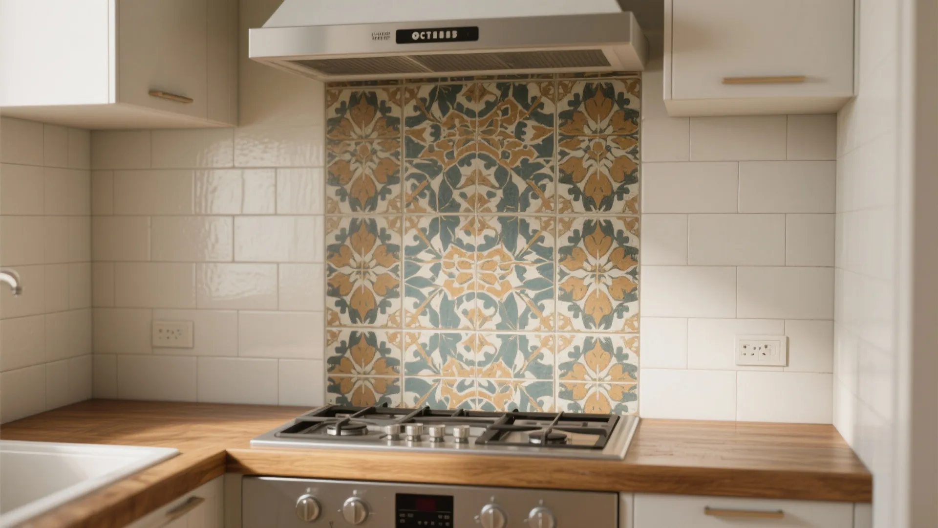 Kitchen stove area with a patterned tile backsplash surrounded by white tiles and wooden countertop