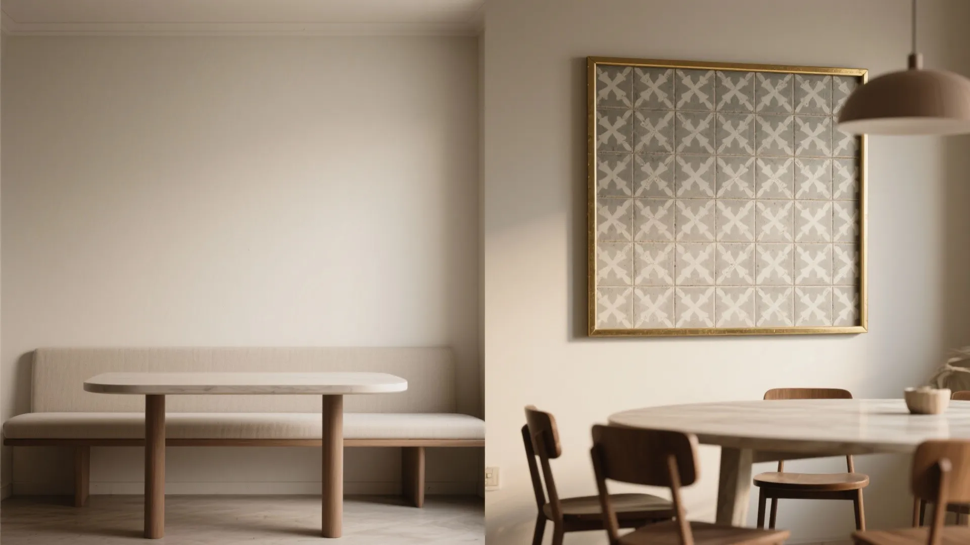 Dining room interior design with wooden table and framed patterned tile wall panel on beige wall
