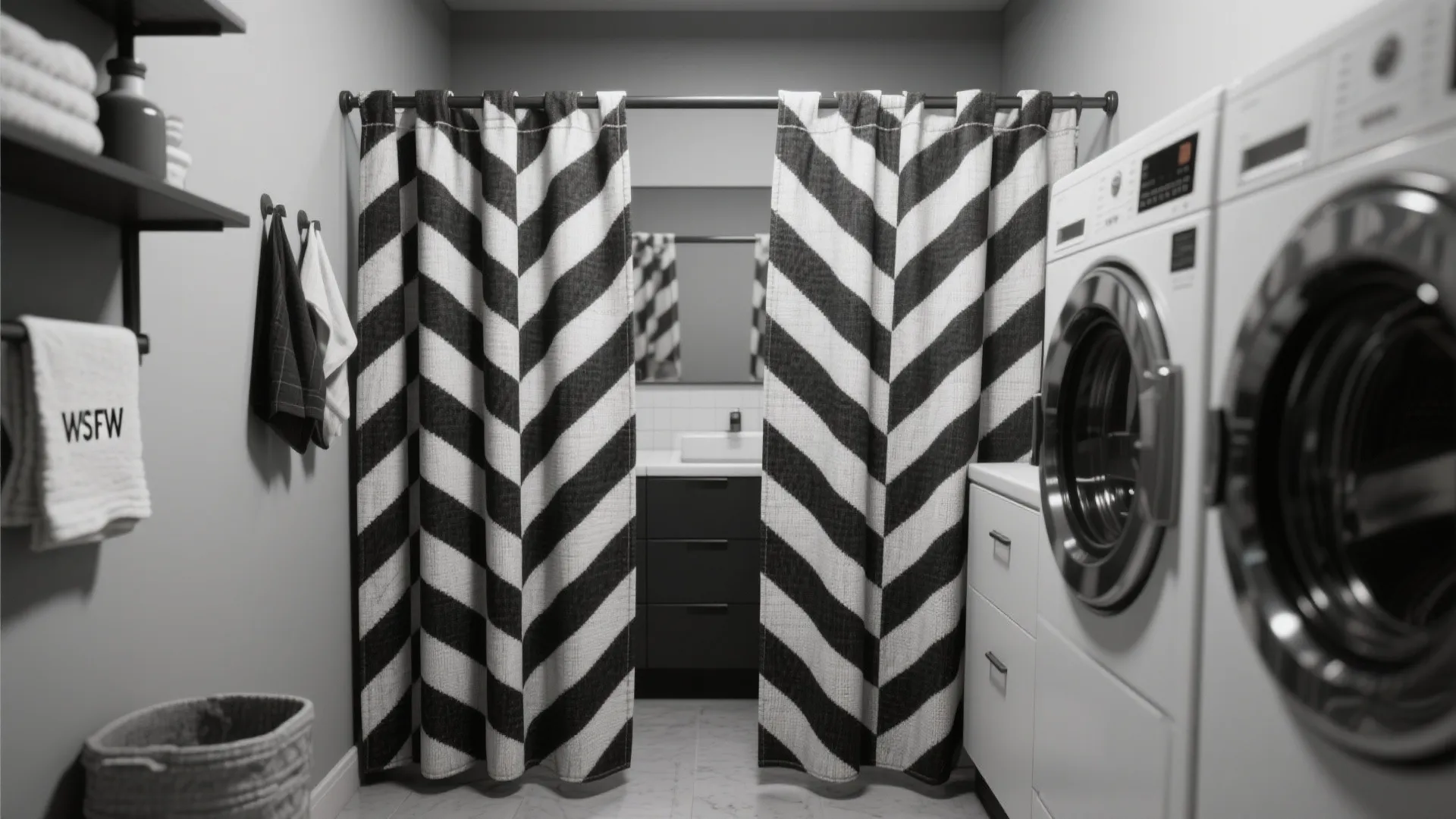 Modern laundry room featuring black and white striped curtains separating the washer and bathroom area