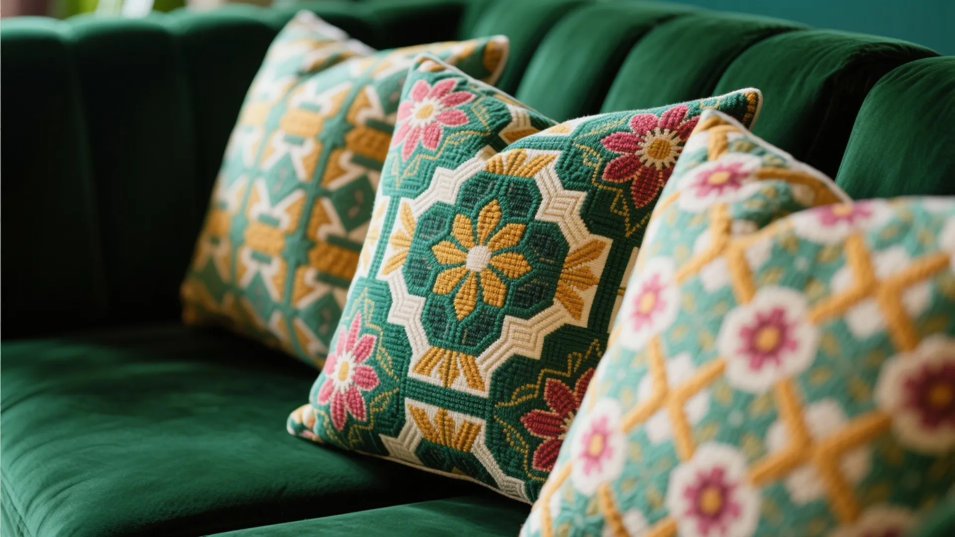 Three patterned pillows with flower designs sitting on a dark green velvet sofa close up