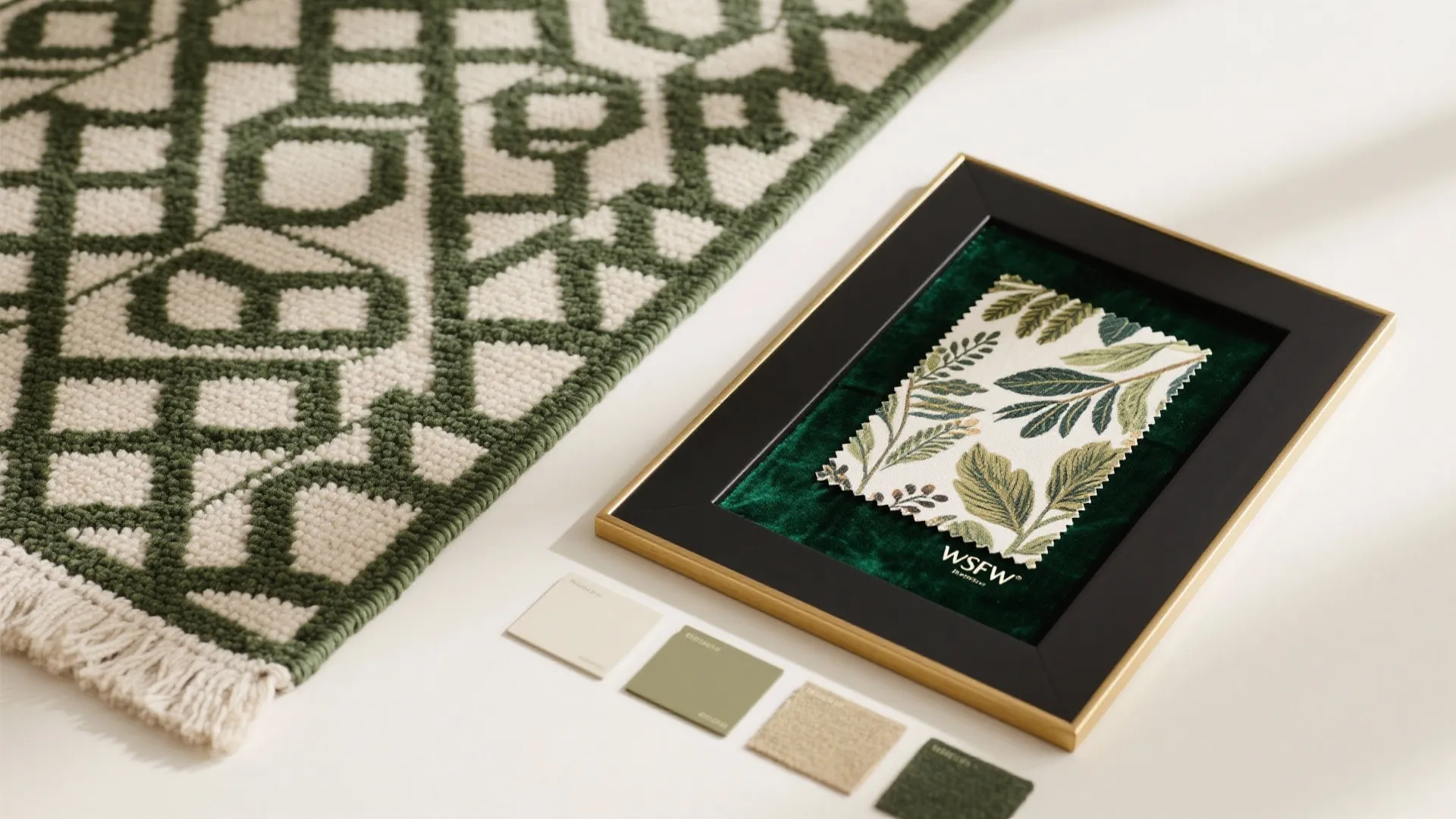 Green geometric pattern rug next to framed leaf fabric swatch and four small color samples