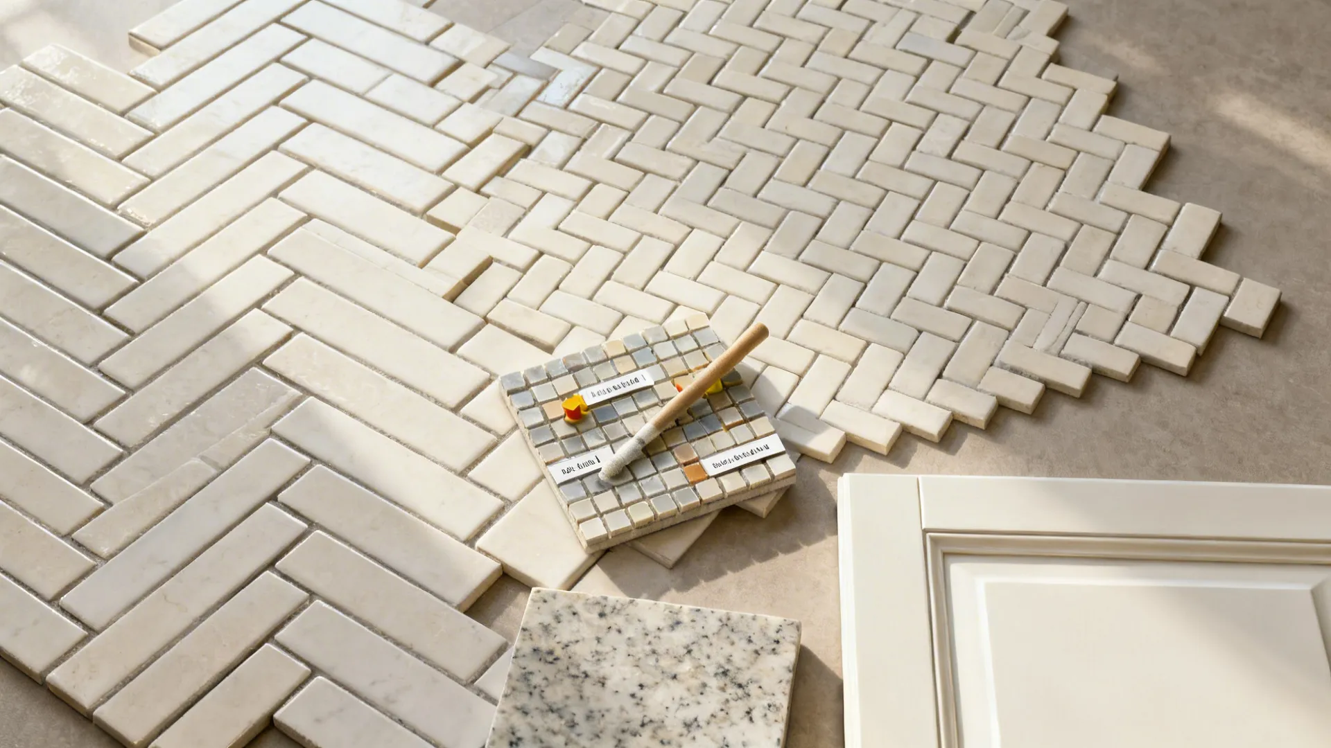 Top-down flat lay of herringbone, basketweave, and mosaic tile samples with quartz and cabinet swatches.