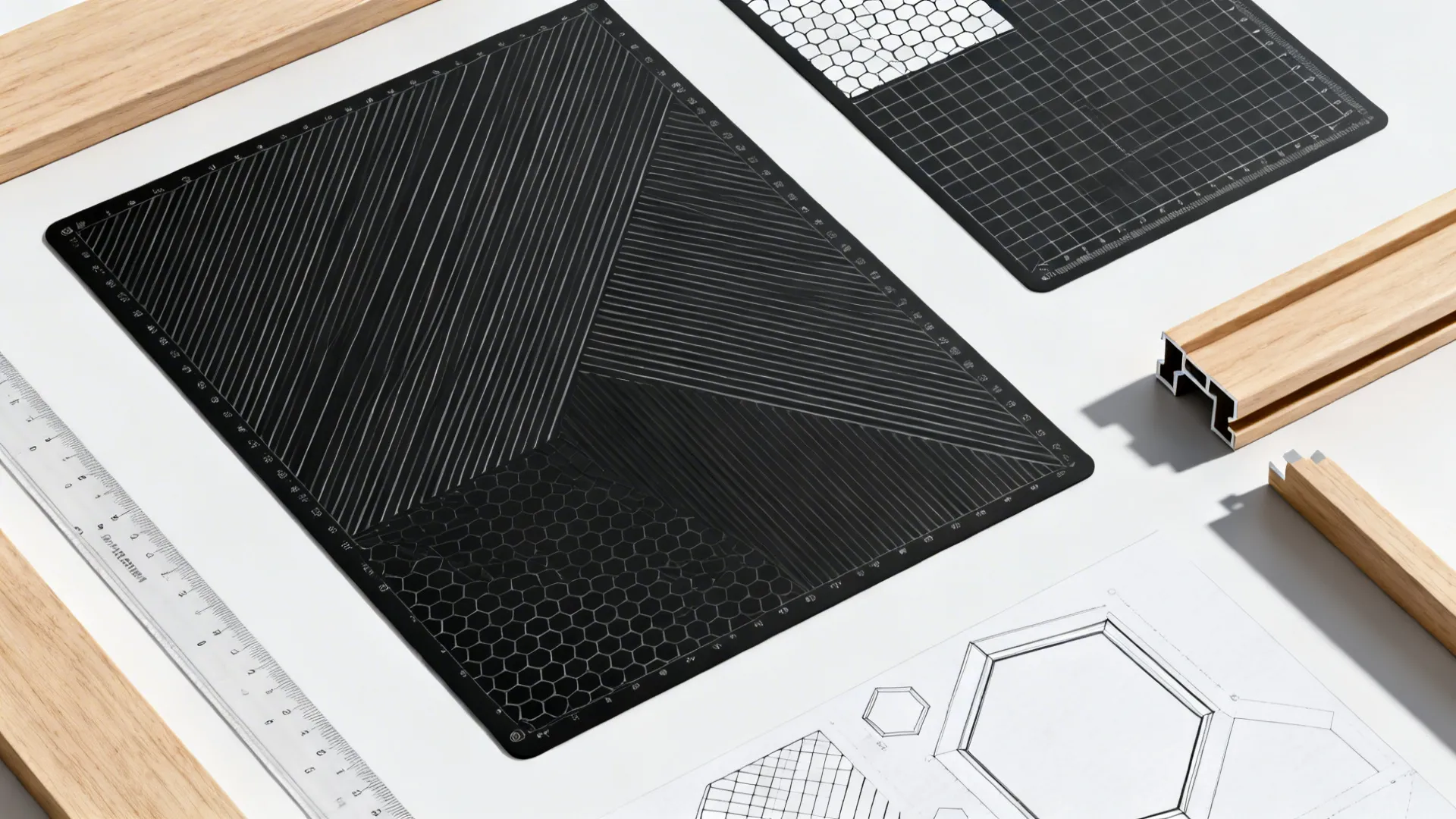 Top-down view of diagonal and hex jali templates with frame profiles and shadow tests.