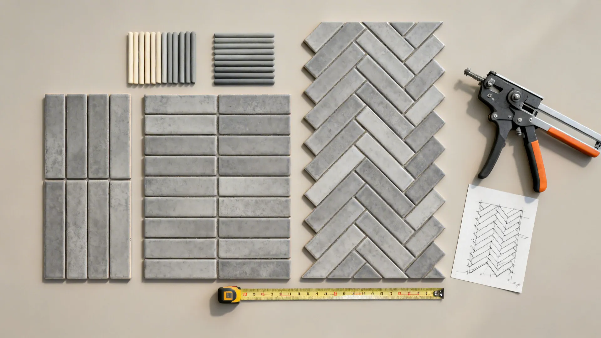 Top-down mockups of grey tiles in herringbone and chevron with grout samples and tools.