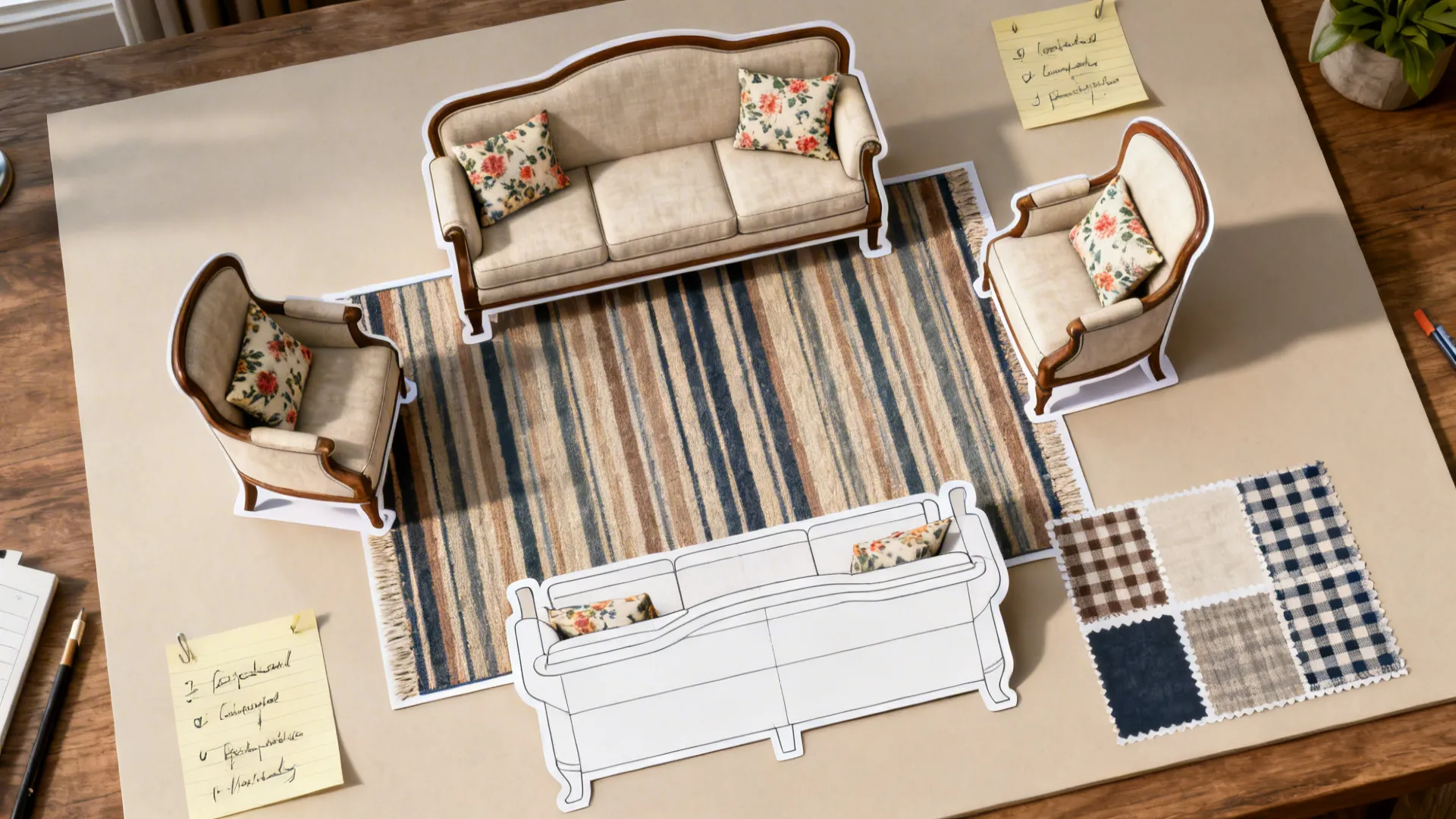 Top-down layout board with scaled furniture cutouts and striped, floral, and check swatches.