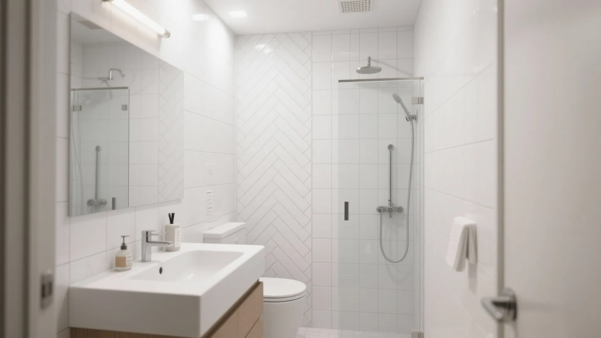 White bathroom with chevron wall tiles glass shower white sink and a wood vanity cabinet