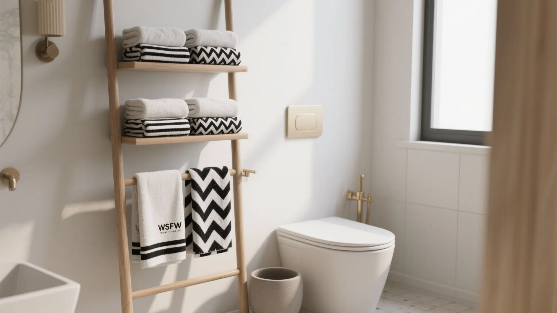Wooden ladder shelf with patterned towels in a bright bathroom next to a white toilet