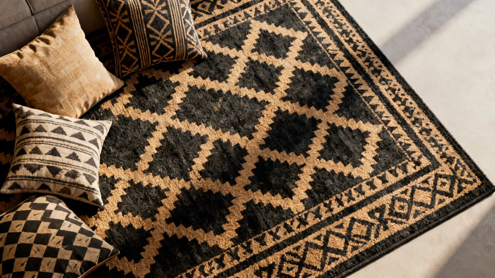 Black-and-tan patterned rug and throw pillows shown in top-down and perspective views.