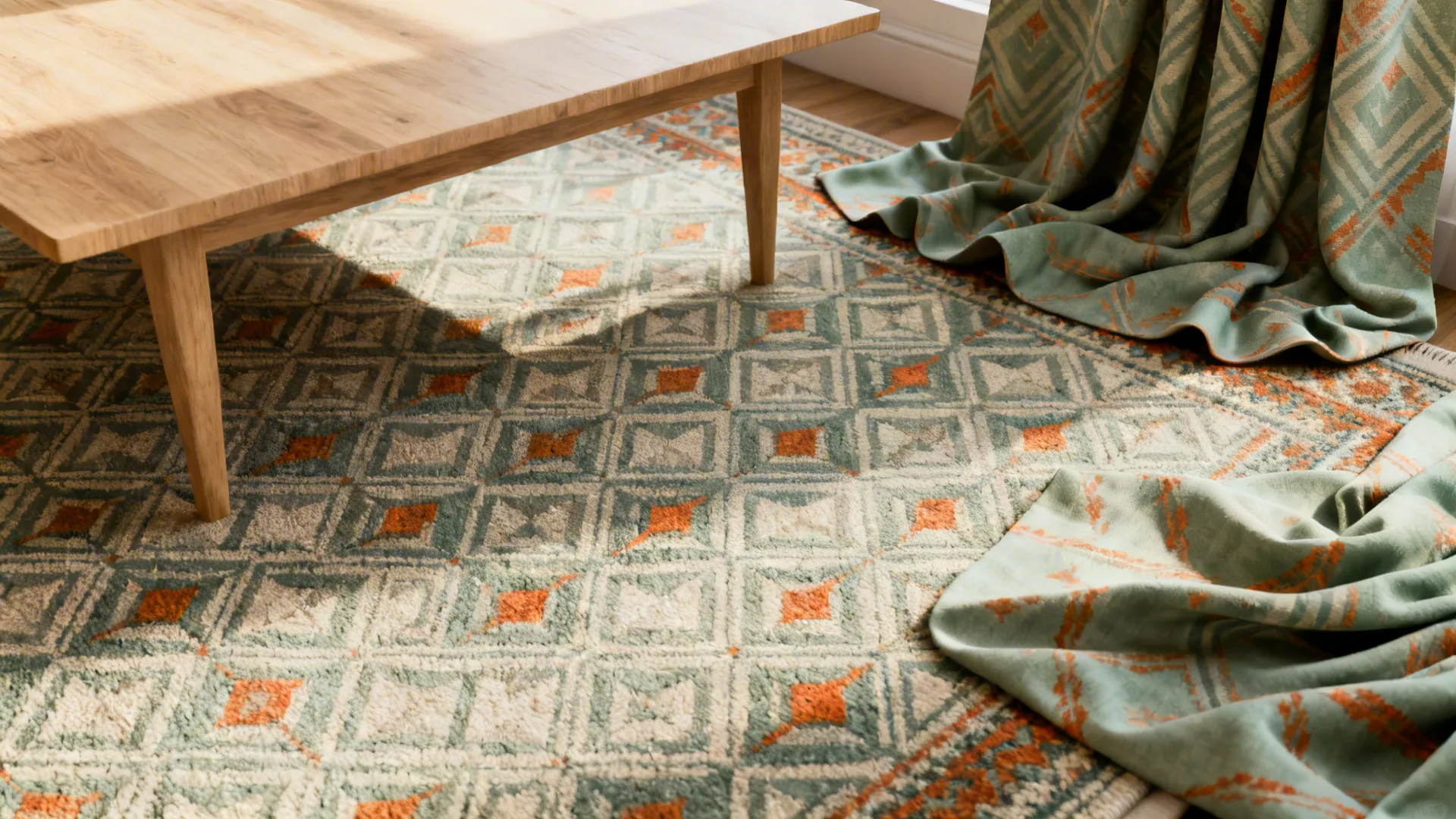 Geometric rug and curtains featuring sage motifs with burnt orange highlights under a light wood table.