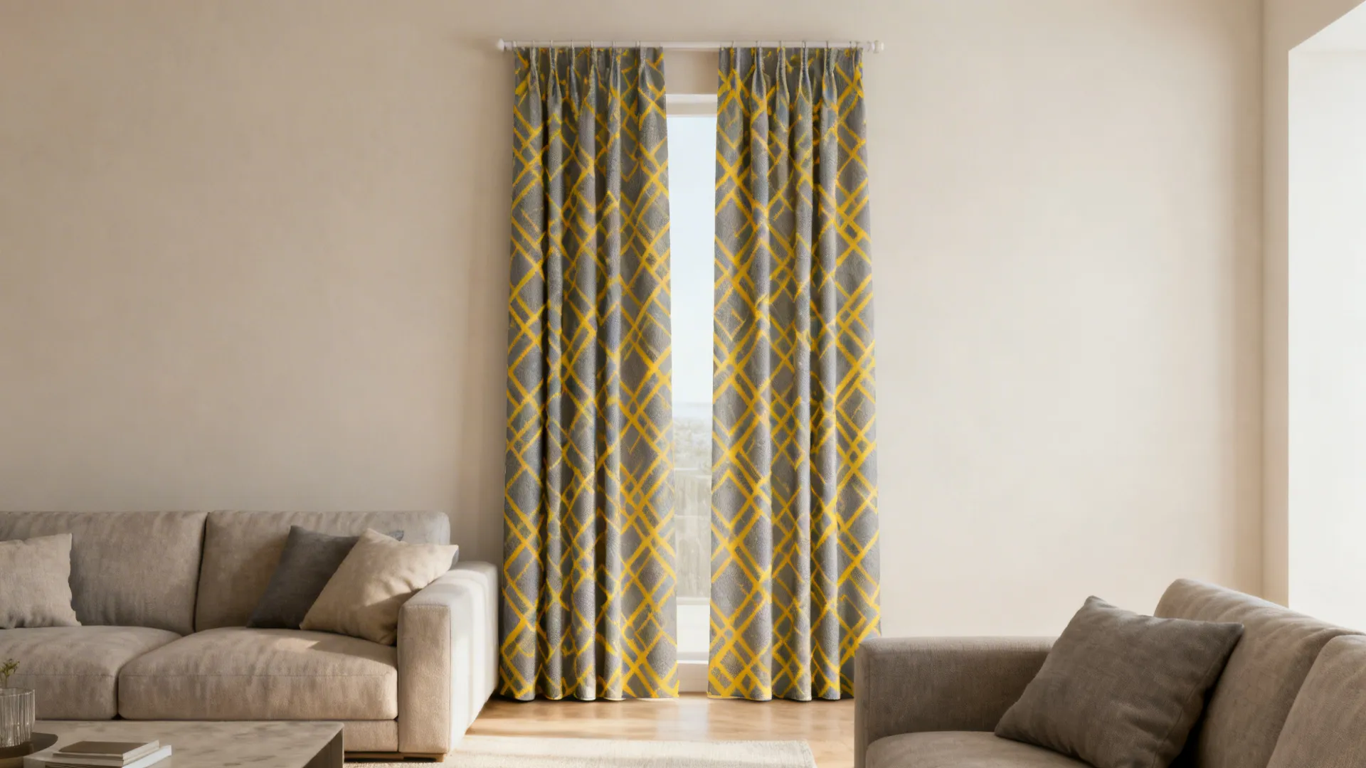 Patterned grey and yellow geometric curtains anchoring a neutral living room with matching cushions.