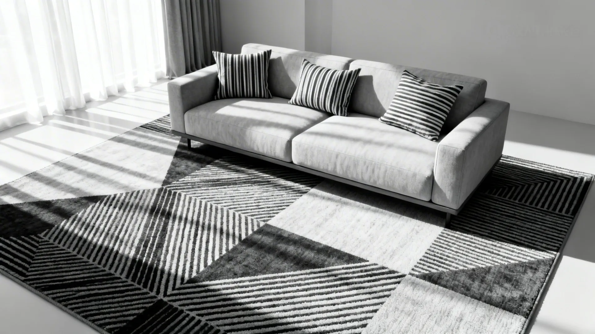 Minimal living room with a bold geometric rug and striped cushions in black and white