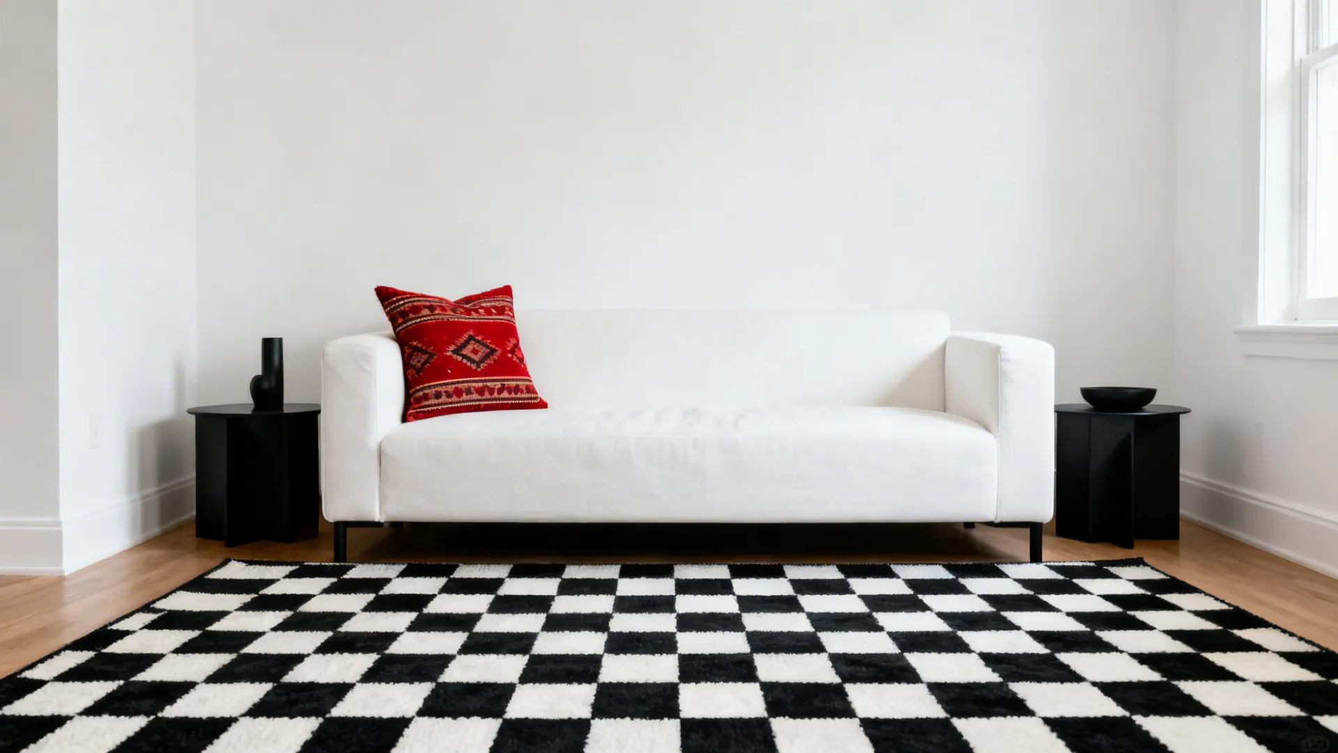 Living room with a black-and-white check rug and a red kilim pillow as the focal accent.