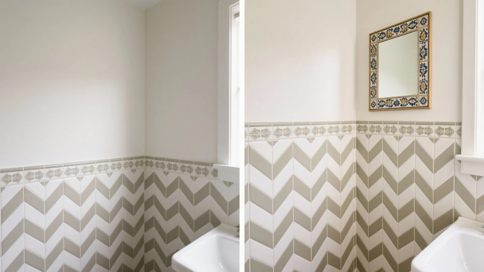 Split view showing a dated wall and an after scene with chevron sticker and a framed Mediterranean motif.