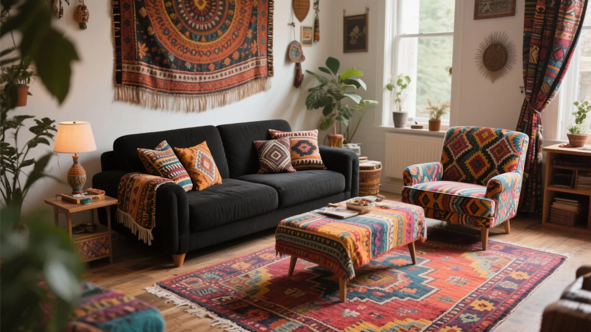 Bohemian living room with black sofa and colorful patterns