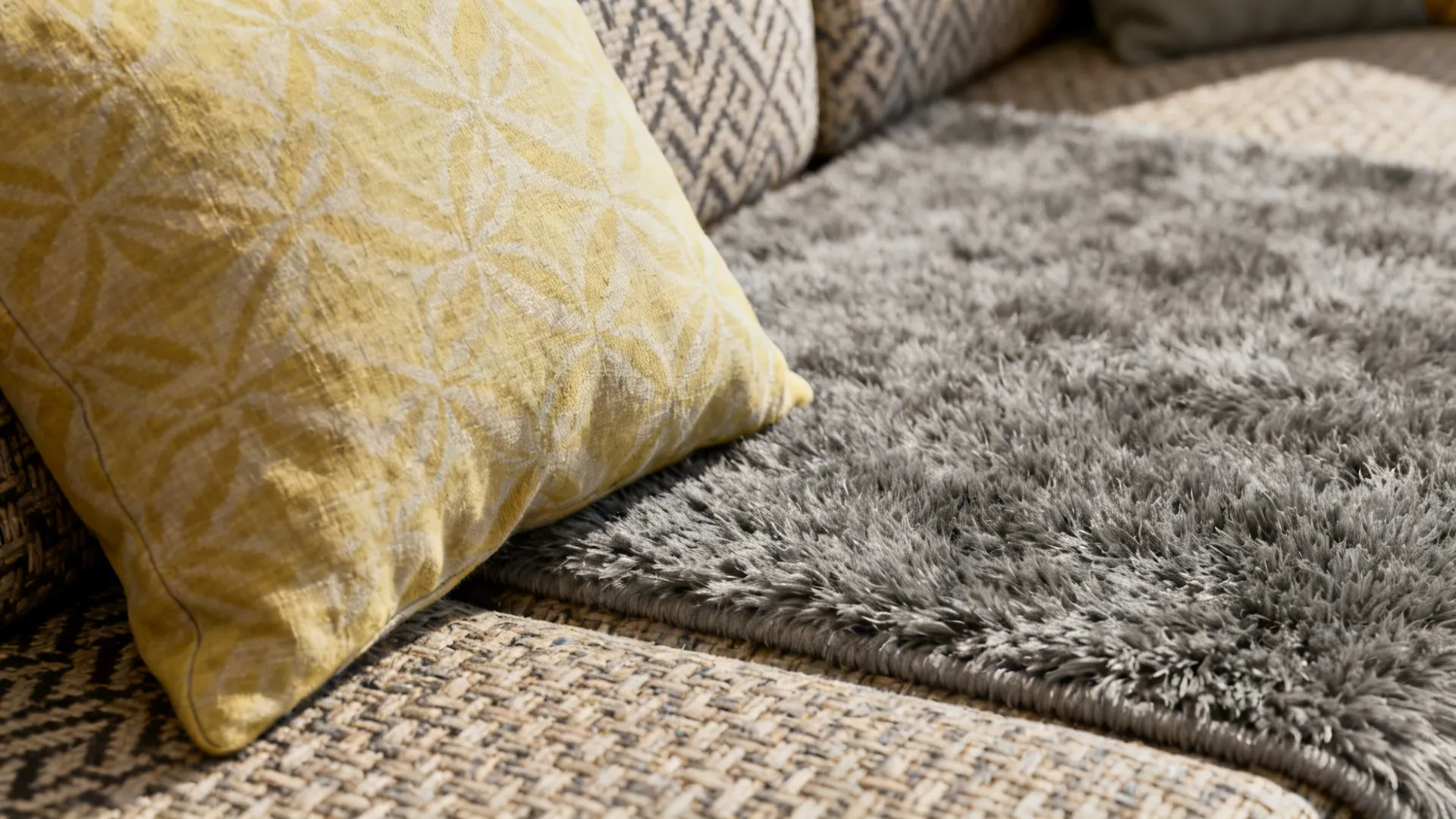 Close-up of textured grey rug and muted yellow patterned pillow balancing patterns