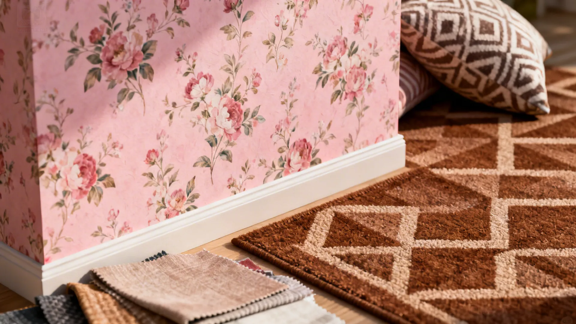 Close-up of pink floral wallpaper alongside geometric brown rug and patterned cushions