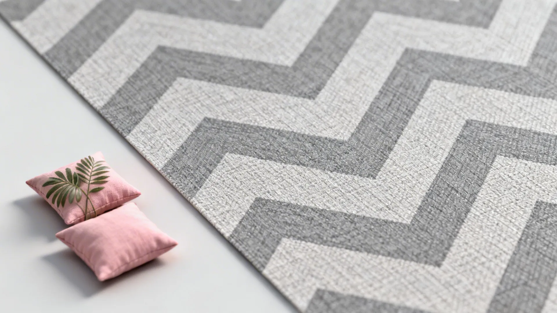 Close-up of grey geometric wallpaper with pink floral cushion fabric