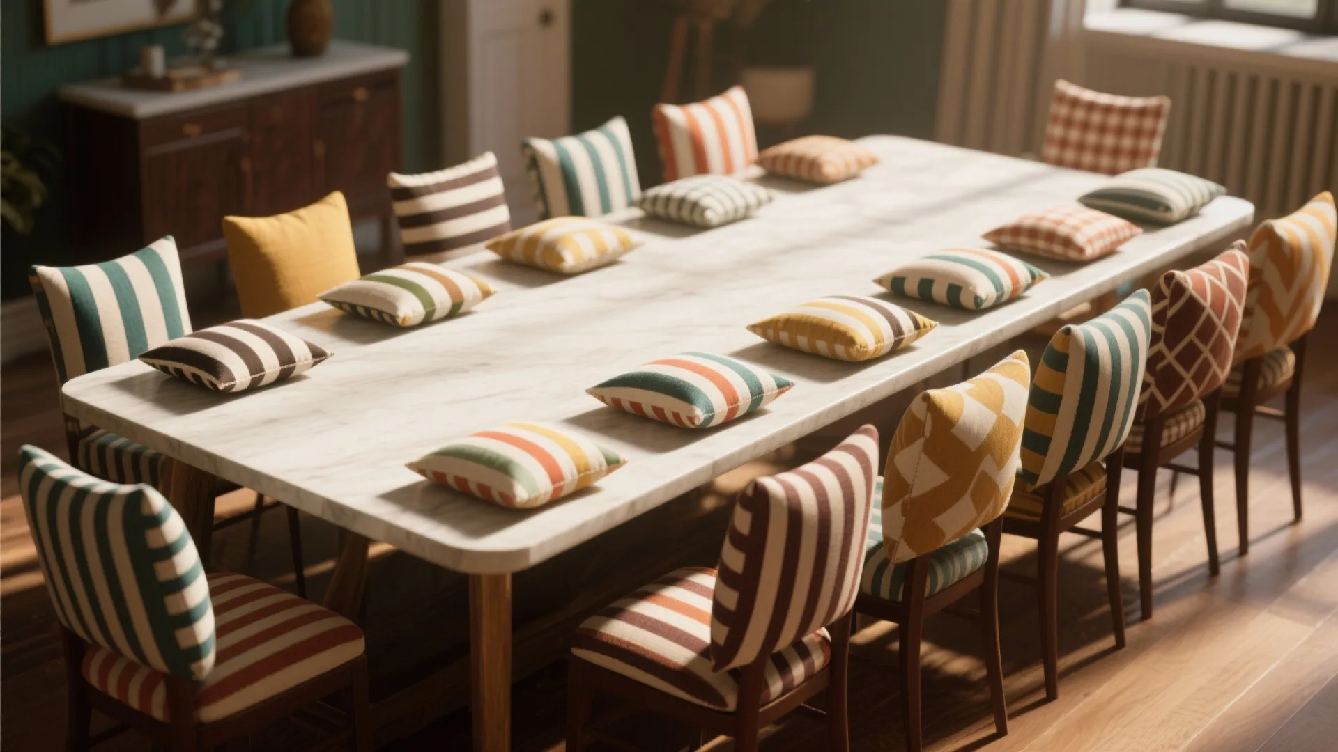Long marble dining table with many colorful striped pillows and matching chairs in a room