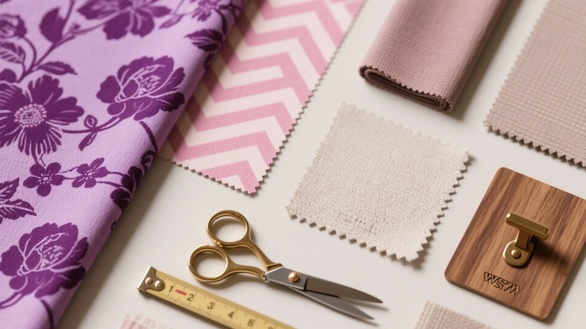 Interior design mood board with purple floral fabric pink pattern swatches gold scissors and wood handle