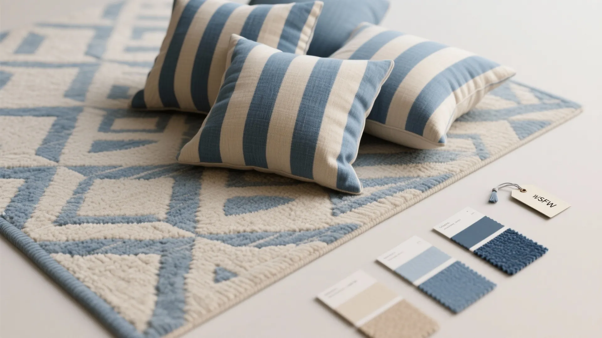 Top-down flatlay of blue and beige patterned pillows and rug samples