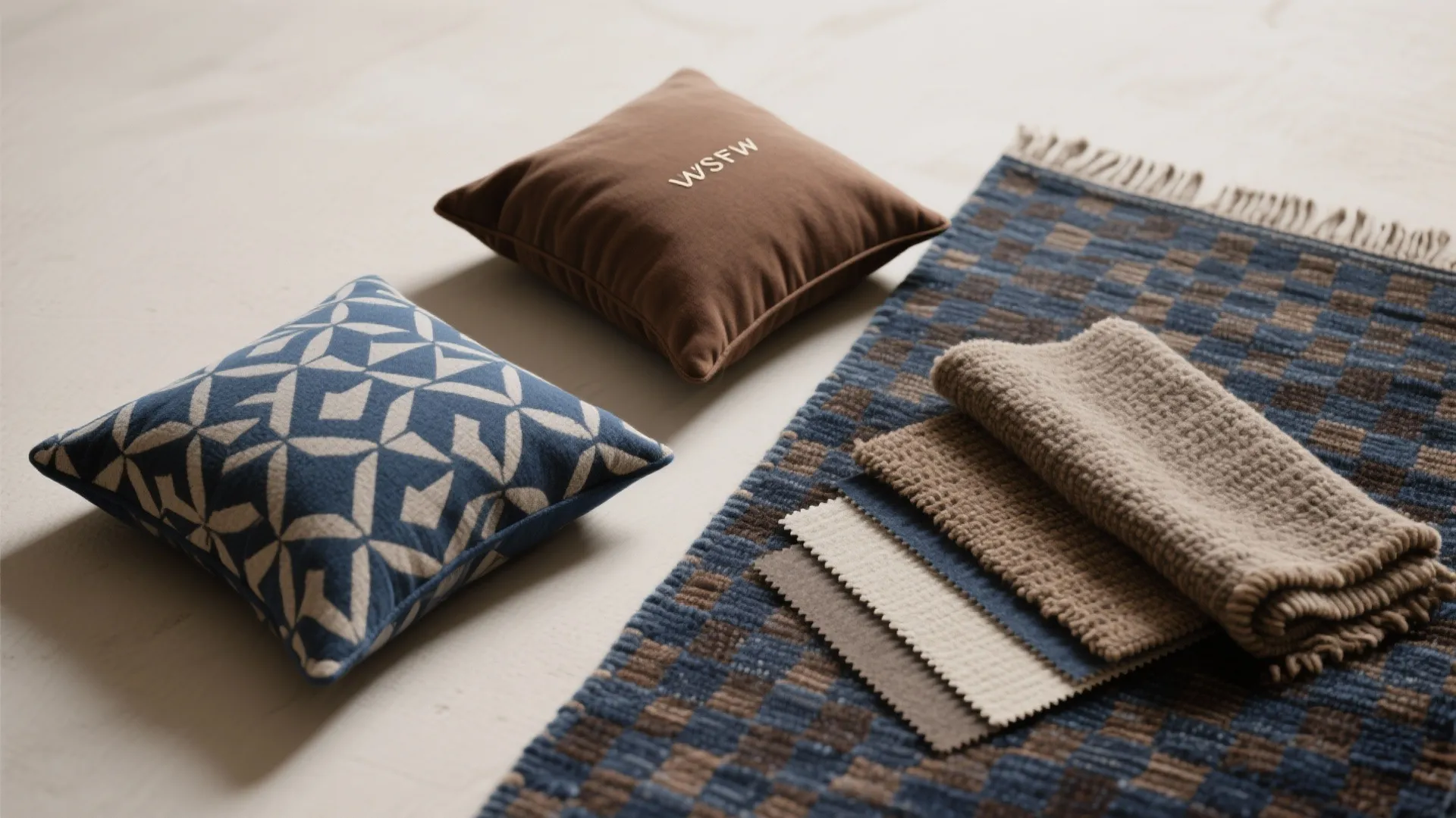 3. Pattern play: blue-and-brown cushions and rugs
