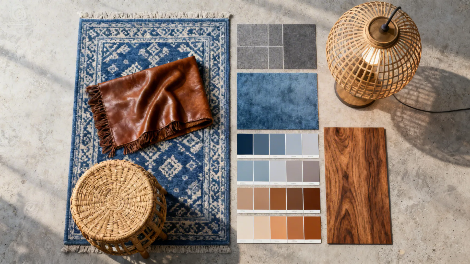 5. Pattern Play: Blue Rugs & Brown Textures